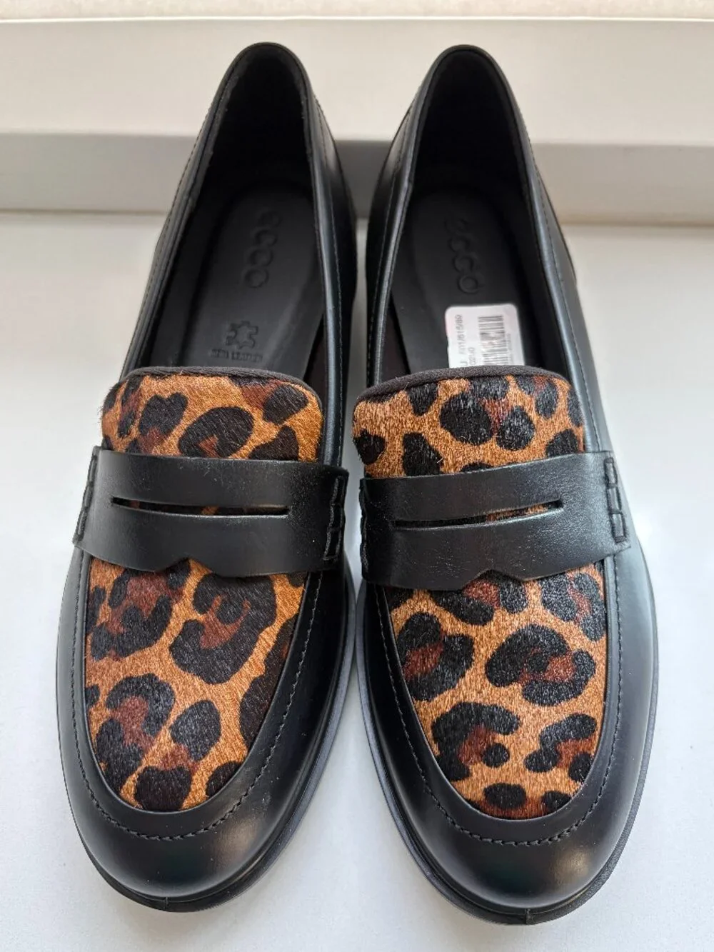 Ecco Dress Classic 15 Penny Loafers Slip On Black Leopard Size 37 US 6 - 6.5 NEW